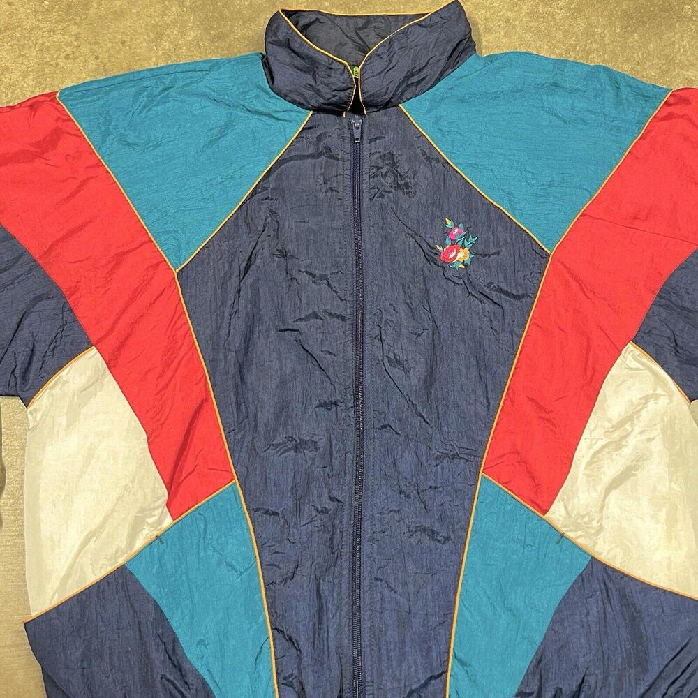 Vintage Bold Spirit Windbreaker Sz L Colorful Geometric Nylon Jacket Flower Logo - Picture 2 of 8